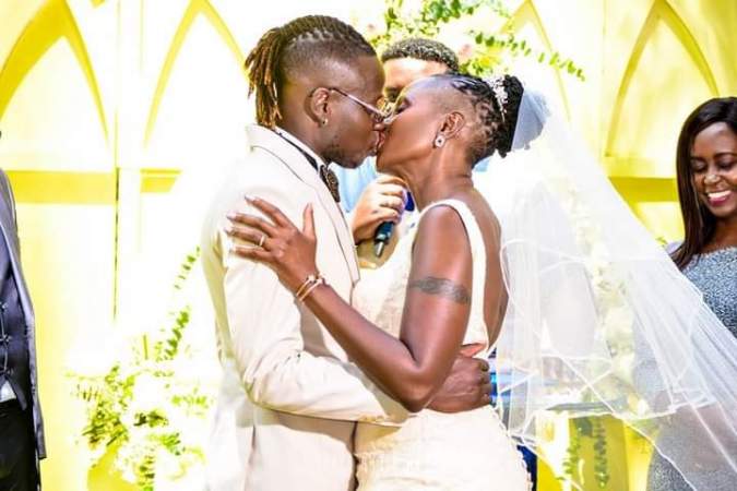 Gospel artiste Guardian Angel shares an intimate moment with wife Esther Musila after the two exchanged vows in a colorful wedding on Tuesday, January 4 at Bliss garden in Thome Estate. PHOTO/Courtesy