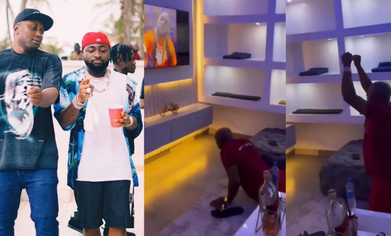 davido’s-aide,-isreal-dmw,-sparks-reactions-as-he-prostrates-upon-sighting-the-singer-on-tv-(video)