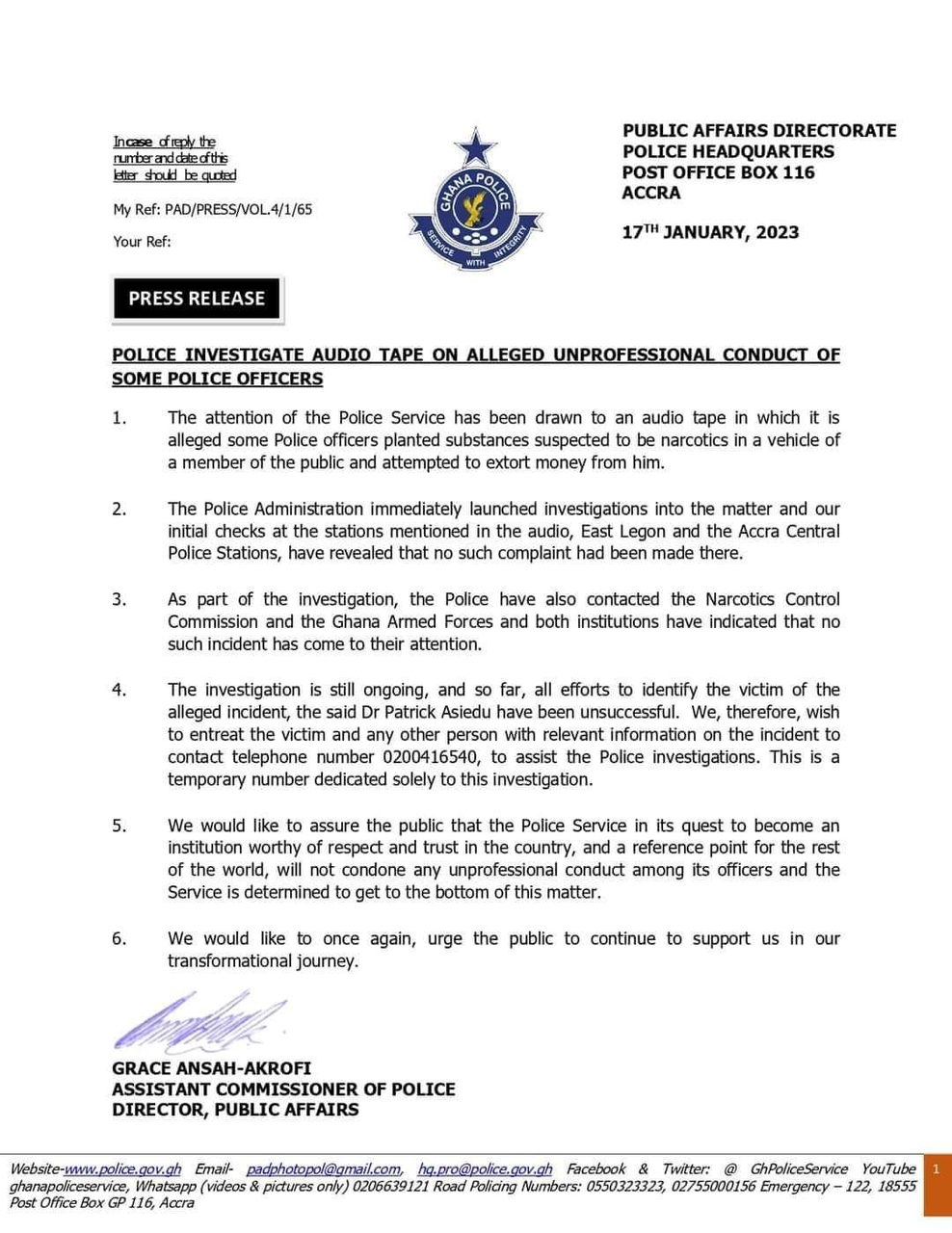 Ghana Police Press Release